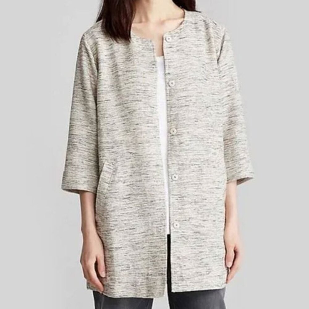 Eileen Fisher Round Neck Woven Cotton Twist Long Jacket L Ecru